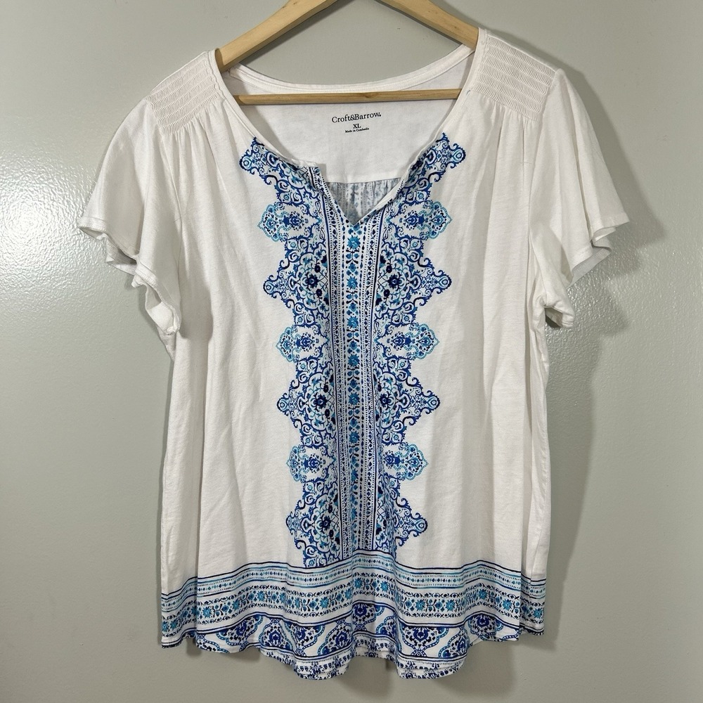 Croft & Barrow Top Women's XL White Floral Boho Cottagecore